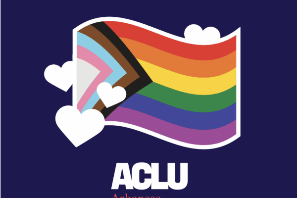 Pride Progress Flag with words ACLU Arkansas below on blue background