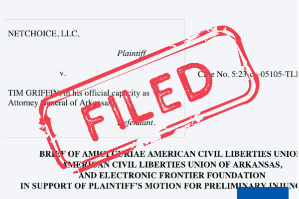 Text "FILED" with ACLU of Arkansas logo