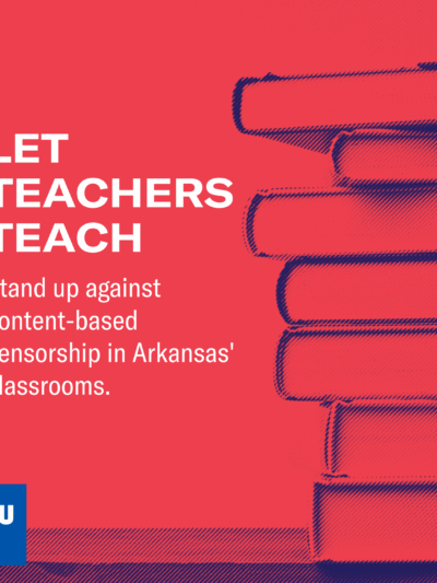 Let Teachers Teach on red background with stack of books