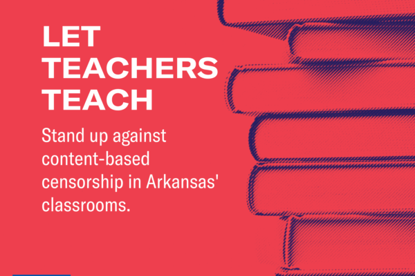 Let Teachers Teach on red background with stack of books