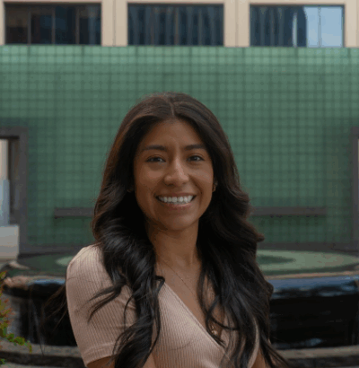 Blog Author Fernanda, a woman with long brown hair and a big smile wearing a light pink dress.