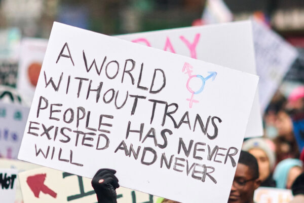 Protest sign that reads, "A world without trans people has never existed and never will."