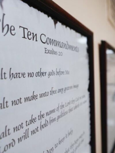 The Ten Commandments displayed on the wall.