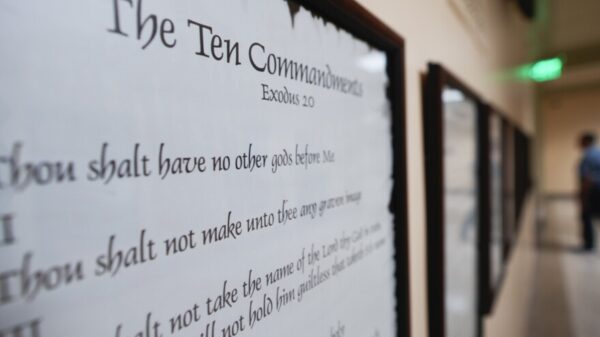 The Ten Commandments displayed on the wall.