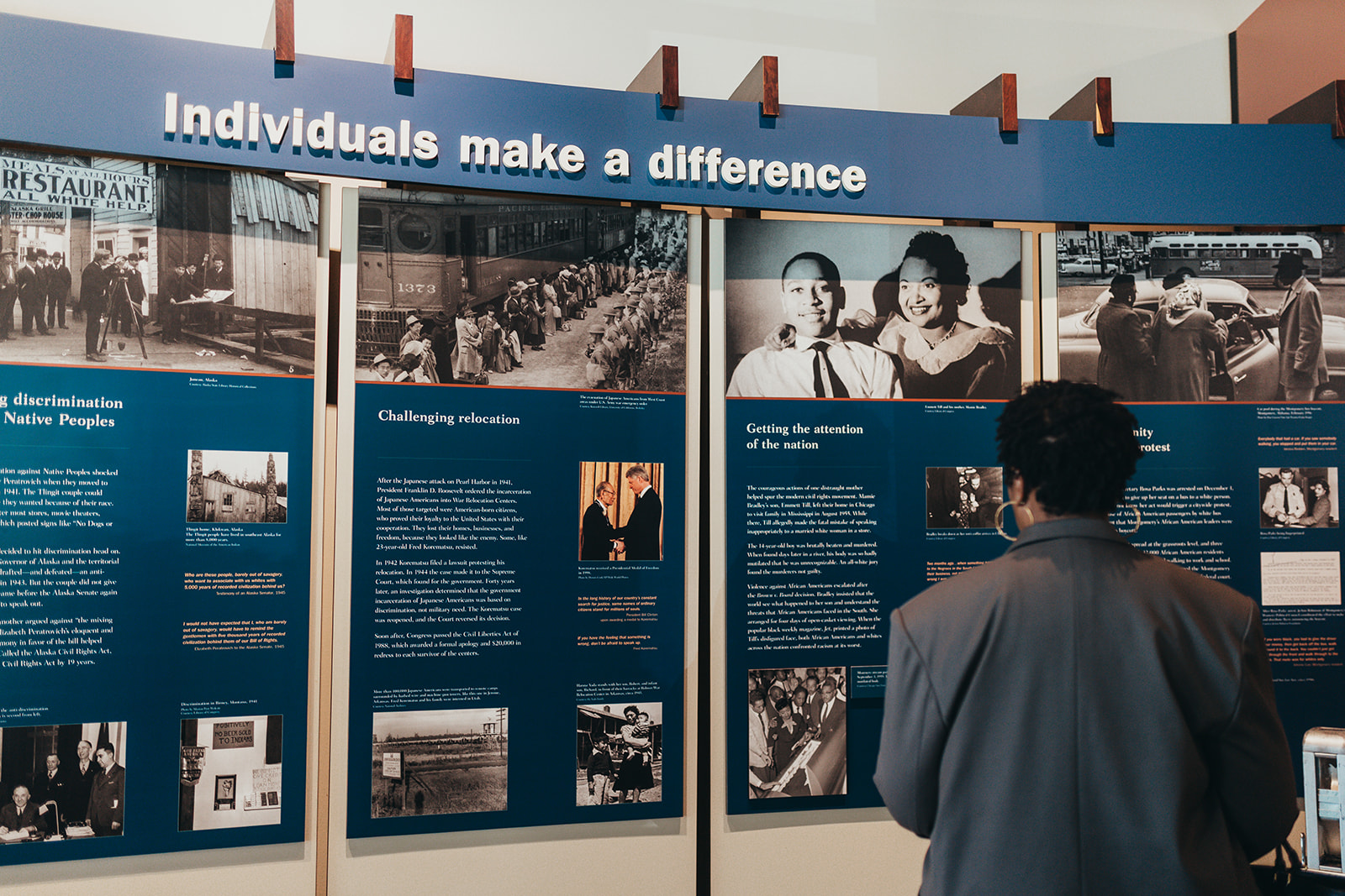 ACLU President Deborah Archer views an exhibit at the Little Rock Central High School National Historic Site.