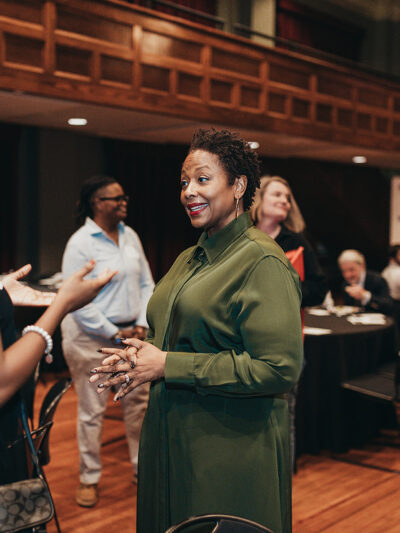ACLU President Deborah Archer speaks to Mazjai Oates during her evening discussion at the Mosaic Templars Cultural Center in Little Rock on Oct. 7.