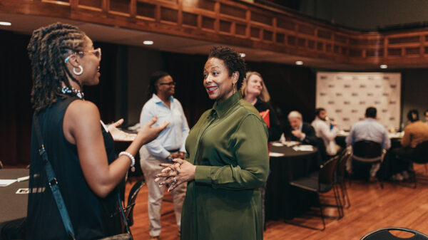 ACLU President Deborah Archer speaks to Mazjai Oates during her evening discussion at the Mosaic Templars Cultural Center in Little Rock on Oct. 7.