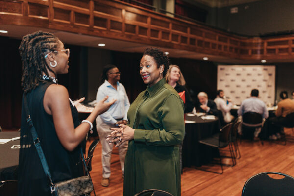 ACLU President Deborah Archer speaks to Mazjai Oates during her evening discussion at the Mosaic Templars Cultural Center in Little Rock on Oct. 7.