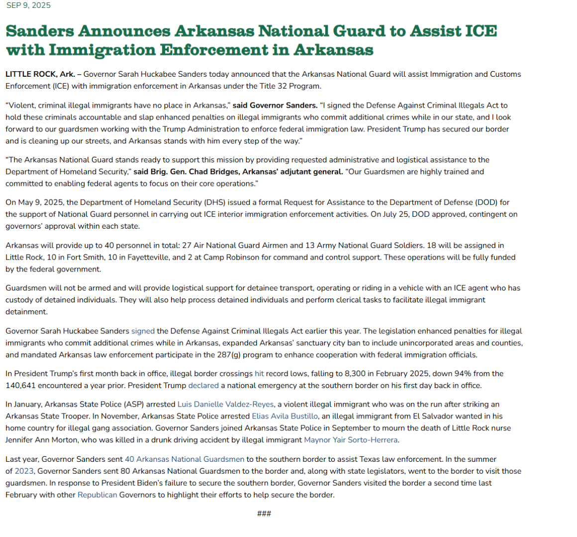 Screenshot of Governor Sarah Huckabee Sanders press announcement on deploying Arkansas National Guard to Assist ICE