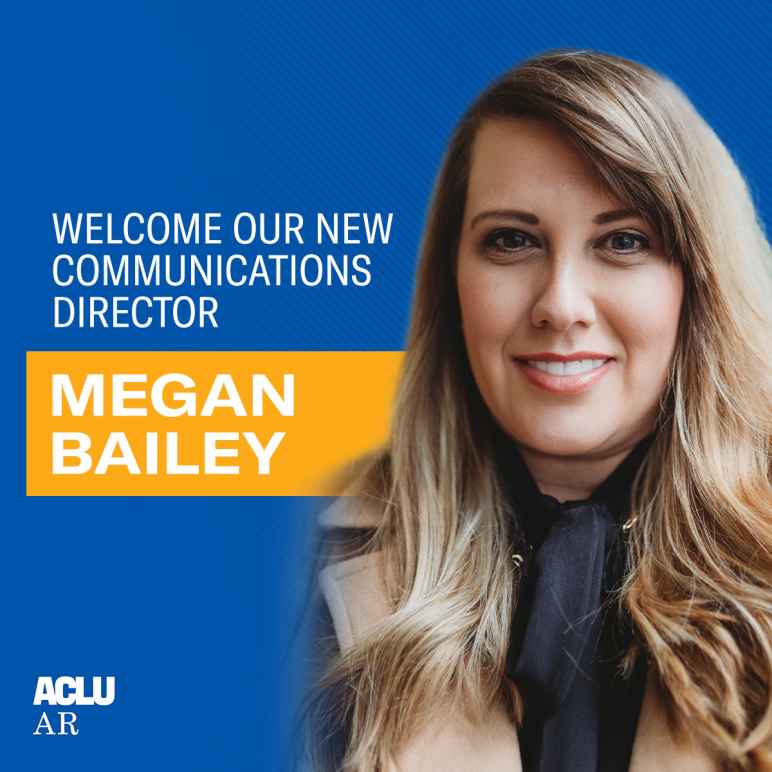 Image of Communications Director Megan Bailey on blue background with words "Welcome Our New Communications Director Megan Bailey"
