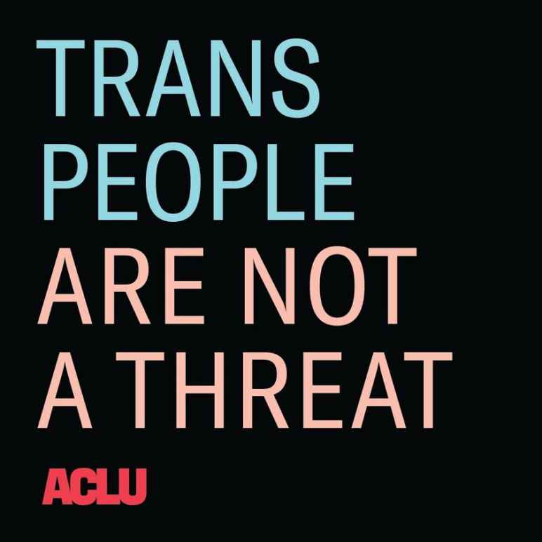 Blue and pink text on black background that reads Trans People Are Not A Threat