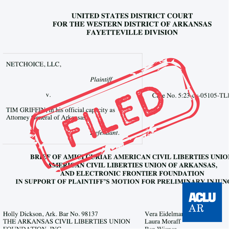 Text "FILED" with ACLU of Arkansas logo