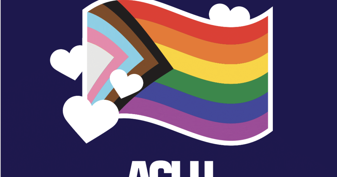 Pride Progress Flag with words ACLU Arkansas below on blue background