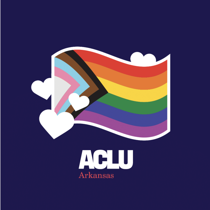 Pride Progress Flag with words ACLU Arkansas below on blue background